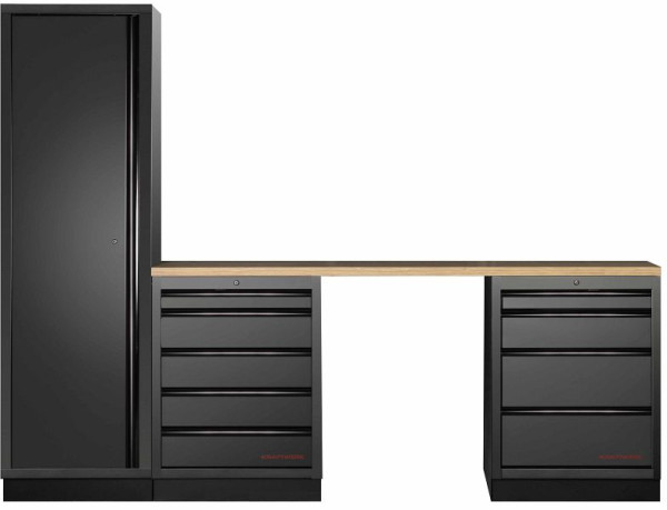 Kraftwerk MOBILIO BLACK EDITION 3er Schrank-Kombi, 9 Schubladen, 1 Hochschrank, Arbeitsplatte Buche Multiplex, 3964K-BLK-014