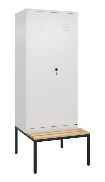 C+P Umkleidespind Classic PLUS, 2 Abteile, 2120x800x815mm, 9016/9016, Drehriegel, mit untergebauter Sitzbank, Buche-Sitzleisten, 0800527-22P S10014