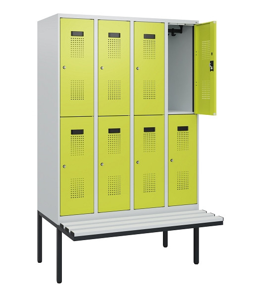 C+P Doppelstock-Spind Evolo PLUS, Bank, 8 Fächer, 1950x1200x815mm, 7035/0024, Zylinderschloss, Sitzfläche Kunststoff, 0493405-40 S10150
