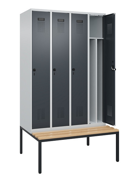 C+P Spind Evolo PLUS, 4 Abteile, 2120x1200x815mm, 7035/7016, Haken 4, Drehriegel, Sitzfläche Buche-Hartholz, Sitzbank, 0490507-40F S10012