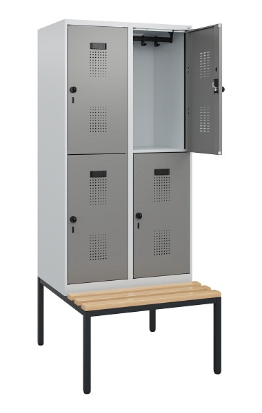 C+P Doppelstöckiger Spind Evolo PLUS, Bank, 4 Fächer, 1950x800x815mm, 7035/0004, Drehriegel, Sitzfläche Buche-Hartholz, Sitzbank, 0493505-22 S10014