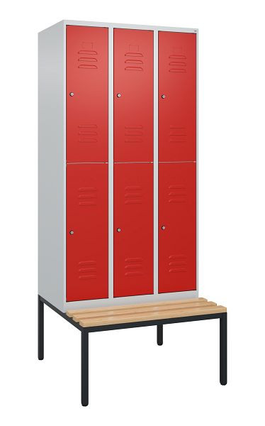 C+P Doppelstöckiger Spind Classic PLUS, 3 Abteile, 2120x900x815mm, 7035/3020, Zylinderschlösser, Buche-Sitzleisten, Sitzbank, 0803507-30 S10092
