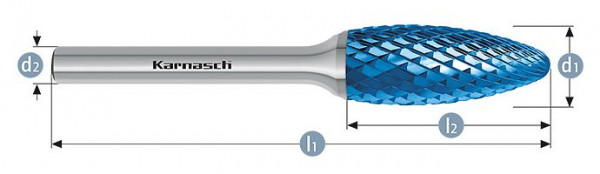 Karnasch Hartmetall-Frässtift Blue-Tec beschichtet Flamme/ HP-6 d1=16,0 / l2=36 / d2=8 / l1=82mm, 115074040