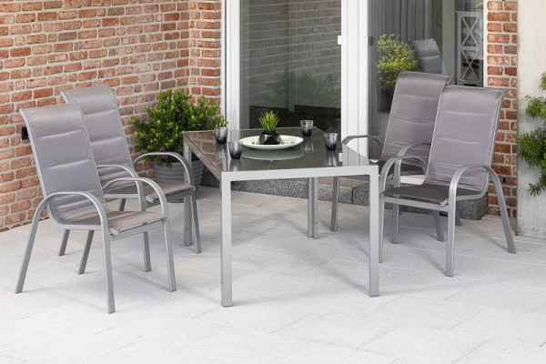 Merxx Amalfi di lusso Set 5-teilig, diamantbraun, 4 Amalfi di lusso Stapelsessel, 1 Tisch in moderner Optik, 150 x 90 cm, silber/diamantbraun, 50331-330