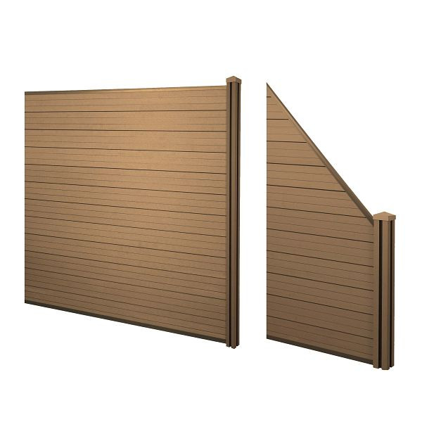 Mendler WPC-Sichtschutz Sarthe, Windschutz Zaun, WPC-Pfosten, 2er Set schräg, 2,91m teak, 77569+77563+77564+77565