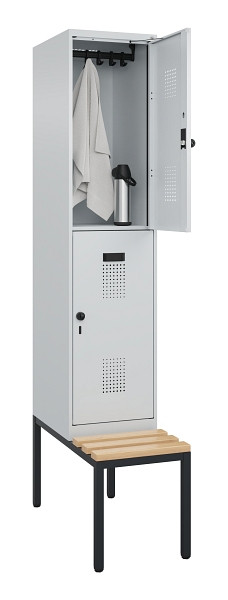 C+P Doppelstock-Spind Evolo PLUS, Bank, 2 Fächer, 2120x400x815mm, 7035/7035, Drehriegel, Sitzfläche Buche-Hartholz, Sitzbank, 0493507-12 S10013
