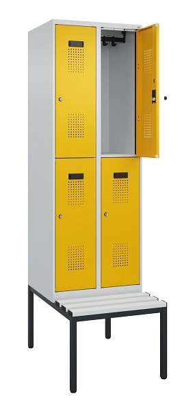 C+P Doppelstock-Spind Evolo PLUS, Bank, 4 Fächer, 2120x600x815mm, 7035/1004, Zylinderschloss, Sitzfläche Kunststoff, Sitzbank, 0493507-20 S10108