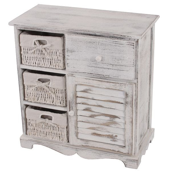 Mendler Kommode Schrank mit 3 Körben 63x60x30cm, Shabby-Look, Vintage, weiß, 30439