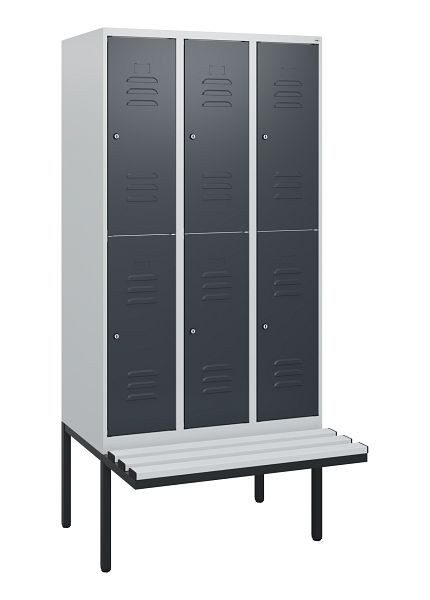 C+P Doppelstöckiger Spind Classic PLUS, 3 Abteile, 1950x900x815mm, 7035/7016, Zylinderschlösser, schwebende Sitzfläche, 0803405-30 S10083