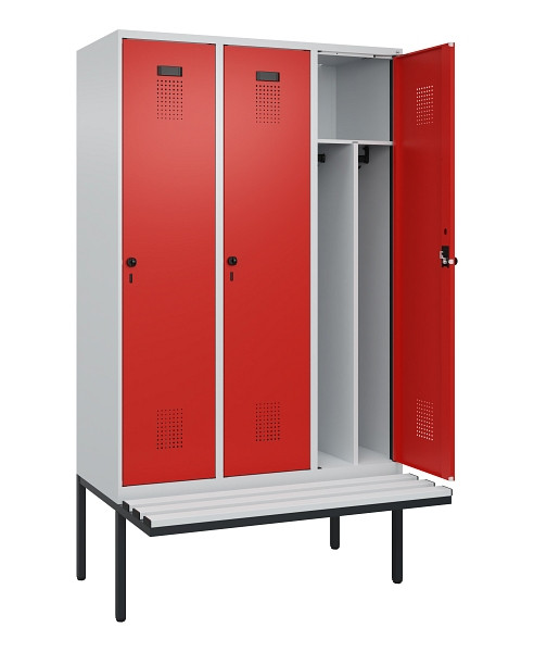 C+P Spind Evolo PLUS, 3 Abteile, 2120x1200x815mm, 7035/3020, Haken 4, Drehriegel, Sitzfläche Kunststoff, Trennwand, 0490407-32F S10059