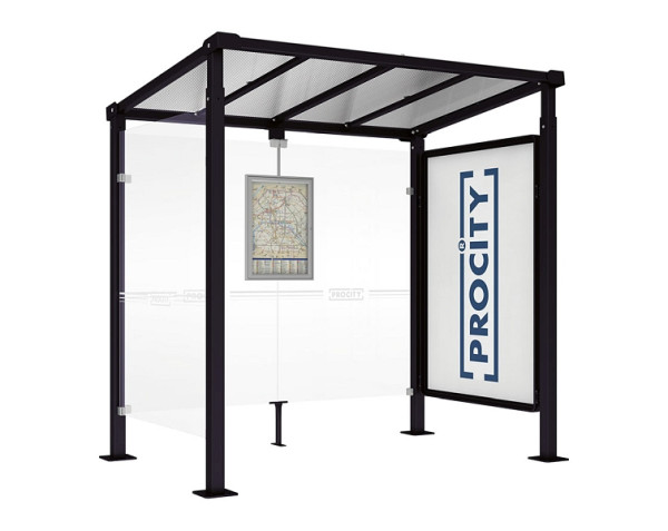 Procity Wartehalle Milano - 1 Schaukasten 2000 + 1 Seitenverkleidung, Farbe RAL 9005, Maße: Breite 2500 x Höhe 2545 x Tiefe 1824 mm, 529246.9005