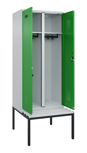 C+P Schwarz-Weiß-Spind Evolo PLUS, Bank, 2 Abteile, 2120x800x815mm, 7035/6037, Zylinderschloss, Sitzfläche Kunststoff, Sitzbank, 0490527-22 S10092