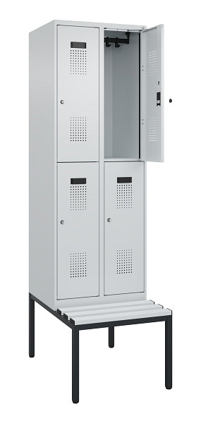 C+P Doppelstock-Spind Evolo PLUS, Bank, 4 Fächer, 2120x600x815mm, 7035/7035, Zylinderschloss, Sitzfläche Kunststoff, Sitzbank, 0493507-20 S10121