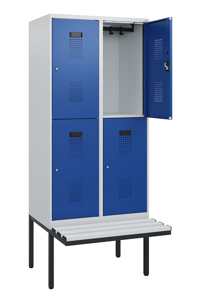 C+P Doppelstock-Spind Evolo PLUS, Bank, 4 Fächer, 1950x800x815mm, 7035/5010, Zylinderschloss, Sitzfläche Kunststoff, 0493405-22 S10141