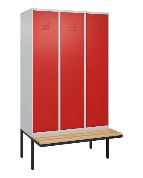 C+P Umkleidespind Classic PLUS, 3 Abteile, 2120x1200x815mm, 7035/3020, Zylinderschlösser, Buche-Sitzleisten, je 2 Doppel-Haken, 0800407-32F S10068