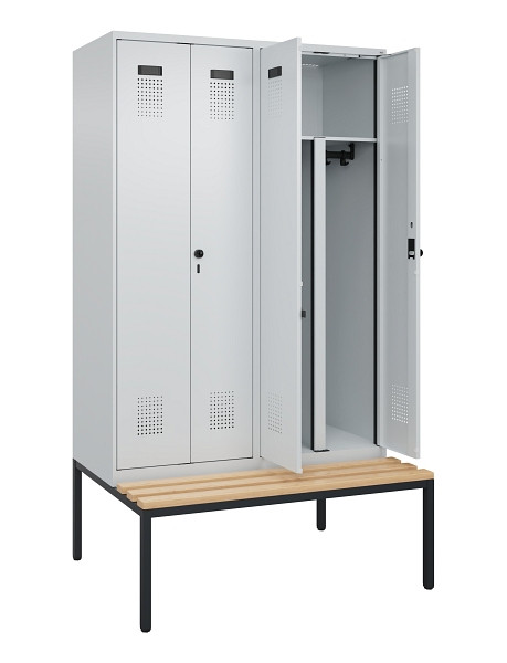 C+P PSA Doppel-Spind Evolo PLUS, Bank, 4 Abteile, 2120x1200x815mm, 7035/7035, Drehriegel, Sitzfläche Buche-Hartholz, Sitzbank, 0490527-40P S10013