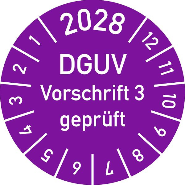 Moedel Prüfplakette 2028 DGUV Vorschrift 3 geprüft, Folie, Ø 15 mm, VE: 10 Stück/Bogen, 107049