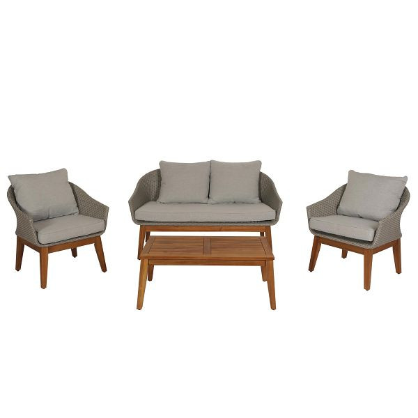 Mendler Gartengarnitur HWC-N37, Garten-/Lounge-Set Sofa Sitzgruppe, Poly-Rattan Holz Akazie, grau, Kissen hellgrau, 106223