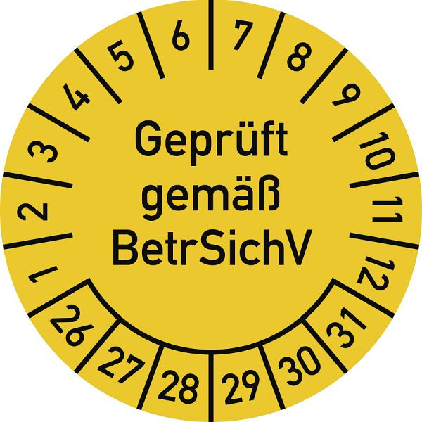 Moedel Prüfplakette Geprüft gemäß BetrSichV, 2026-2031, Folie, Ø 25 mm, VE: 10 Stück/Bogen, 107207