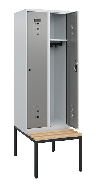 C+P Spind Evolo PLUS, 2 Abteile, 1950x600x815mm, 7035/0004, Zylinderschloss, Sitzfläche Holz, Sitzbank, 0490505-20 S10041