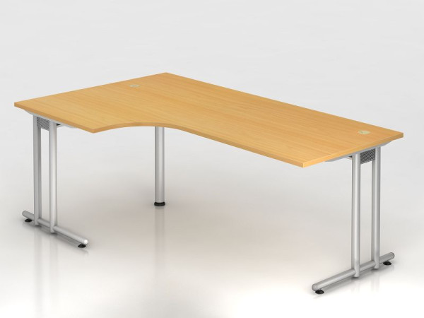 Hammerbacher Winkeltisch C-Fuß 200x120cm 90° Buche/Silber, Winkelform 90°, horizontale Kabelwanne, Arbeitshöhe 72 cm, VNS82/6/S