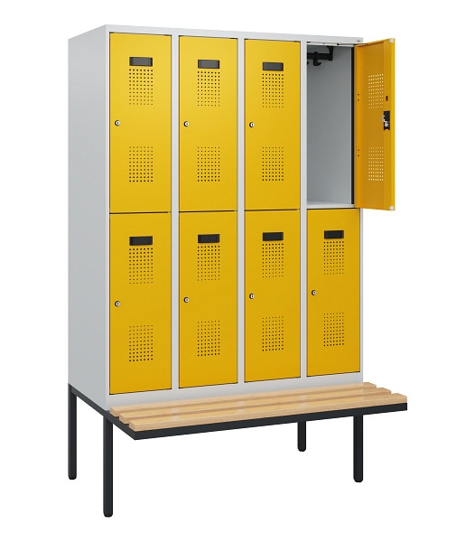 C+P Doppelstock-Spind Evolo PLUS, Bank, 8 Fächer, 1950x1200x815mm, 7035/1004, Zylinderschloss, Sitzfläche Buche-Hartholz, 0493405-40 S10018