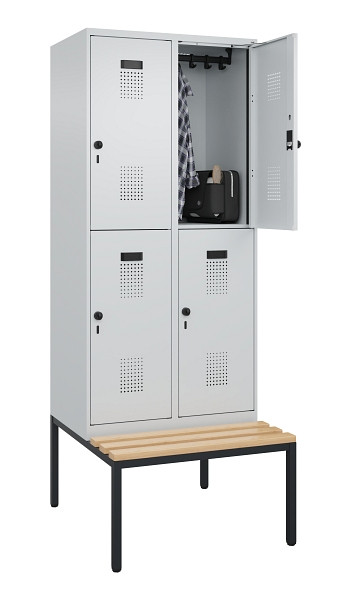 C+P Doppelstock-Spind Evolo PLUS, Bank, 4 Fächer, 2120x800x815mm, 7035/7035, Drehriegel, Sitzfläche Buche-Hartholz, Sitzbank, 0493507-22 S10013
