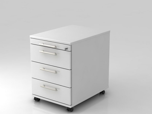 Hammerbacher Rollcontainer 58cm, 3 Schübe, Schloss Relinggriff Weiß, 42,8x58x59 cm, 1/3/3/3 HE, VAC30/W/W/RE