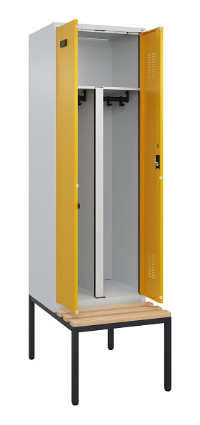 C+P PSA Doppel-Spind Evolo PLUS, Bank, 2 Abteile, 2120x600x815mm, 7035/1004, Zylinderschloss, Sitzfläche Buche-Hartholz, Sitzbank, 0490527-20P S10027