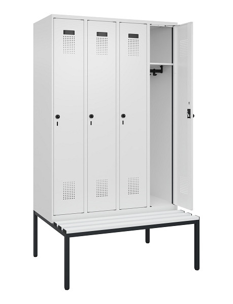 C+P Spind Evolo PLUS, 4 Abteile, 2120x1200x815mm, 9016/9016, Haken 3, Drehriegel, Sitzfläche Kunststoff, Sitzbank, 0490507-40 S10074