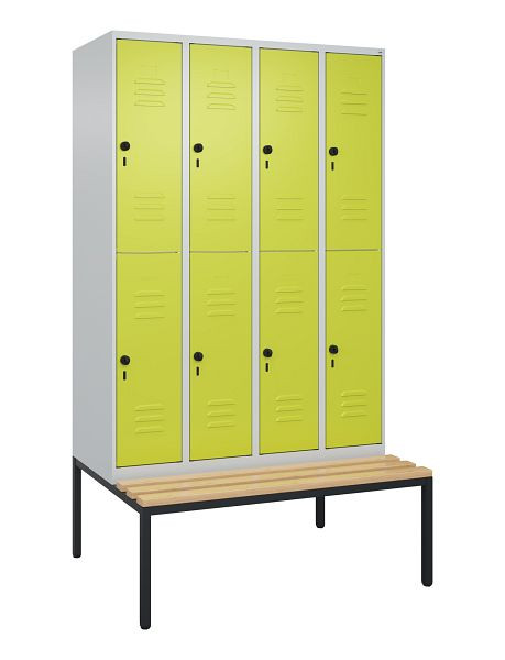 C+P Doppelstöckiger Spind Classic PLUS, 4 Abteile, 2120x1200x815mm, 7035/0024, Drehriegel, Buche-Sitzleisten, mit untergebauter Sitzbank, 0803507-40 S10010
