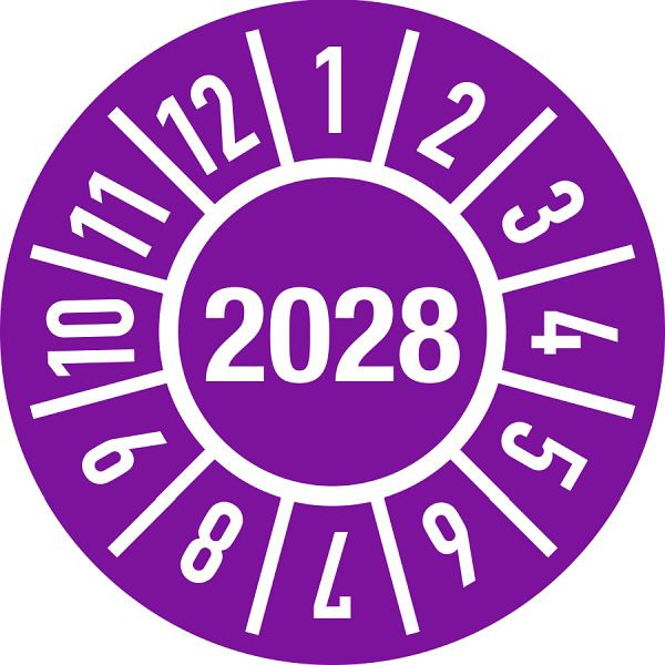 Moedel Prüfplakette Jahr 2028 mit Monaten, Folie, Ø 15 mm, VE: 10 Stück/Bogen, 106230