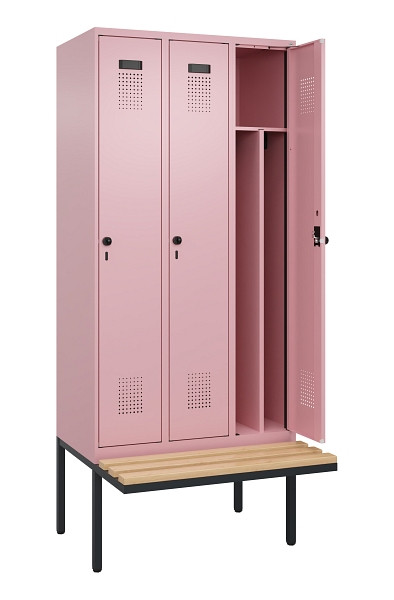 C+P Spind Evolo PLUS, 3 Abteile, 2120x900x815mm, 3015/3015, Haken 4, Drehriegel, Sitzfläche Holz, 0490407-30F S10024