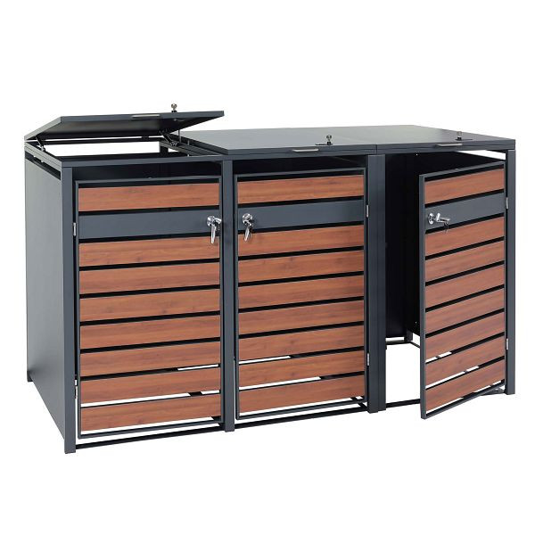 Mendler 3er Mülltonnenverkleidung HWC-J81, Mülltonnenbox, erweiterbar, Metall 82kg, anthrazit, Kirsche-Holzoptik dunkelbraun, 83362+83363+83364