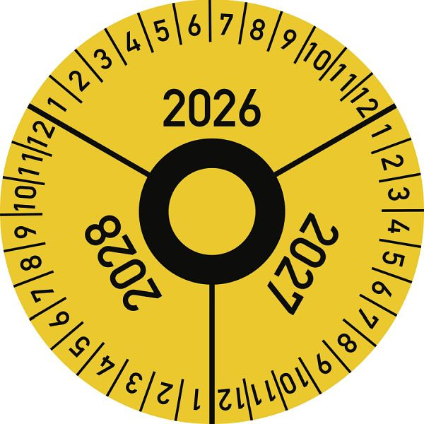 Moedel Prüfplakette 3 Jahre 2026/2027/2028 mit Monaten, Folie, Ø 40 mm, VE: 10 Stück/Bogen, 107108