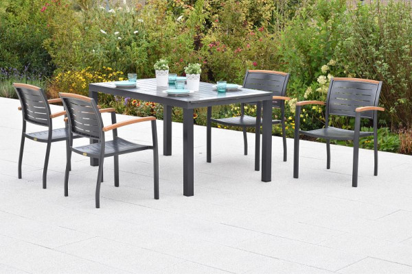 Merxx Tinos Set 5-teilig, 4 Tinos Stapelsessel, 1 Ausziehtisch, 150 (200) x 90 cm, Tischplatte aus Aluminium, Aluminium mit FSC Akazienholz, 50985-217