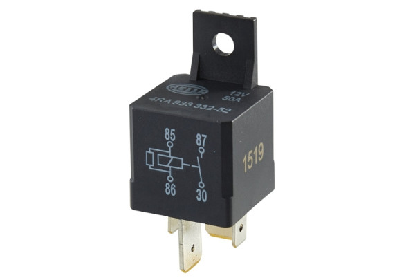 HELLA Relais, Arbeitsstrom, 12V, 4-polig, Schaltbild: S2, Stecker: B3, Hochleistungs-Schließer, Farbe: schwarz, mit Halter, 70A, 4RA 933 332-521