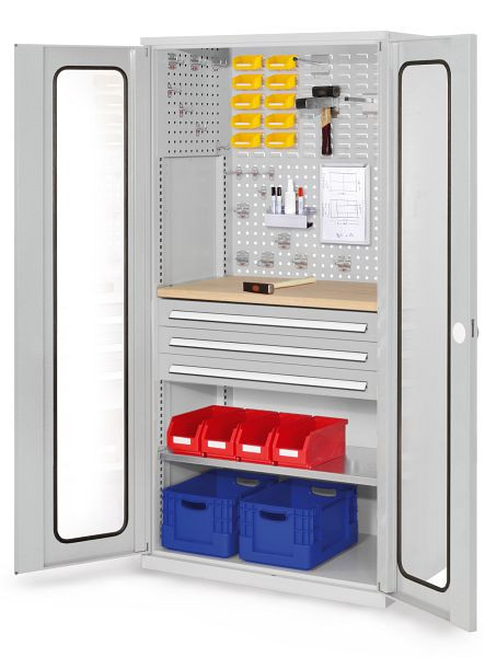 Kappes RasterPlan Schubladenschrank, Modell 35, RAL 7035, Sichtfenstertür, 1950 x 1000 x 600 mm, 3 Schubladen H 100 mm, 1460.05.5013