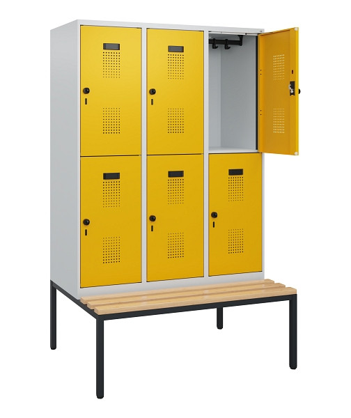 C+P Doppelstöckiger Spind Evolo PLUS, Bank, 6 Fächer, 1950x1200x815mm, 7035/1004, Drehriegel, Sitzfläche Buche-Hartholz, Sitzbank, 0493505-32 S10000