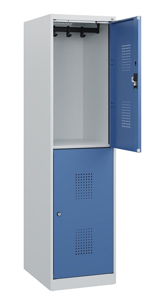C+P Doppelstöckiger Spind Evolo PLUS, 2 Fächer, 1530x400x500mm, 7035/5023, Zylinderschloss, 0493005-12 S10033