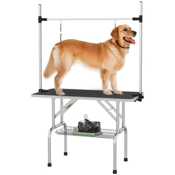 PawHut Trimmtisch Tierpflegetisch mit Unterkorb für Hunde höhenverstellbar klappbar Edelstahl Metall Schwarz 107 x 60 x 170 cm, D01-027BK