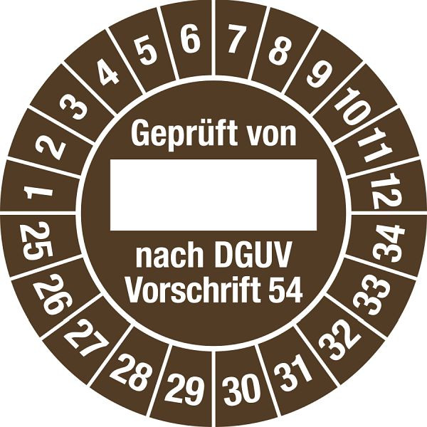 Moedel Prüfplakette Geprüft...DGUV Vorschrift 54, 2025-2034, Folie, Ø 30 mm, VE: 10 Stück/Bogen, 106407