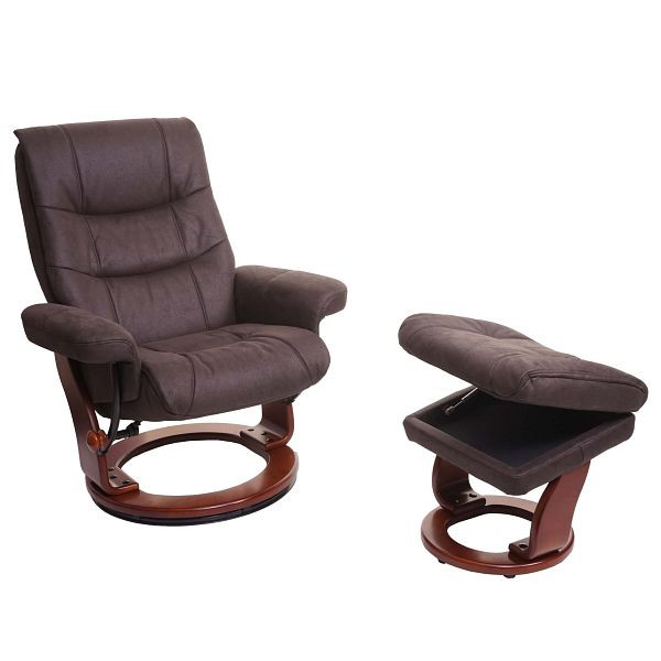 MCA Relaxsessel HWC-J42, Fernsehsessel TV-Sessel Hocker, Stoff, schwarz-braun Wildleder-Imitat, Gestell Walnuss-Optik, 78129