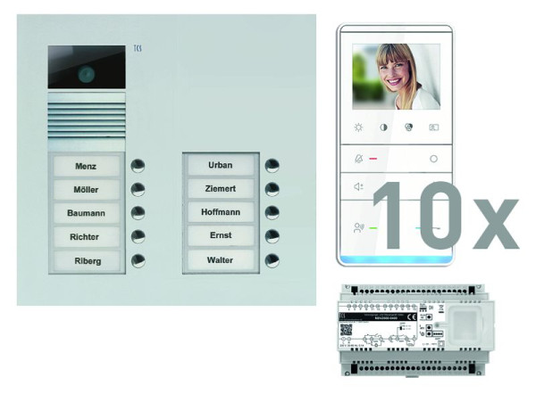 TCS Türkontrollsystem video:pack UP für 10 Wohneinheiten, mit Außenstation AVU 10 Klingeltasten, 10x Video Freisprecher IVW5111, Steuerung, PVU17100-0010