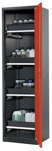 asecos Chemikalienschrank Systema-T CS-54R, Korpus anthrazit, Flügeltüren rot, 4 Tablarauszüge, 208890