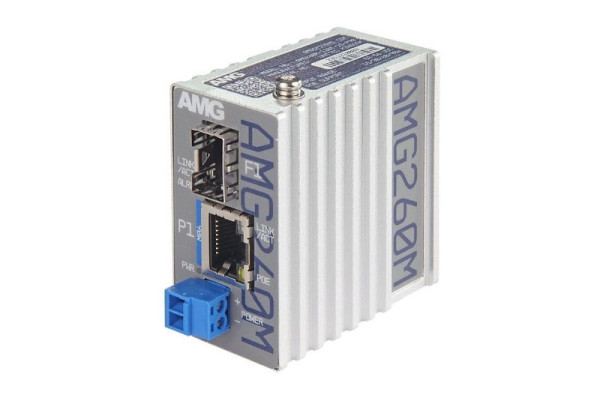 AMG Systems Mini Medienkonverter, 1 x 10/100BT RJ45 60/90W, 1 x 100/1GBFX SFP Slot, 52-56 VDC Input, DIN Rail / Wandmontage, AMG260M-1FBT-1S-P90