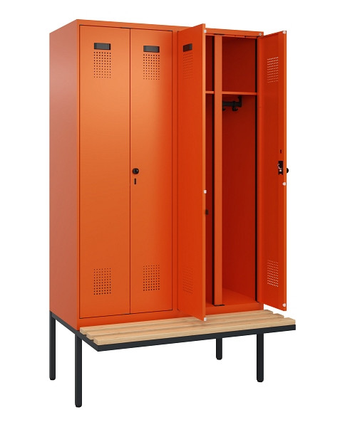 C+P Schwarz-Weiß-Spind Evolo PLUS, Bank, 4 Abteile, 2120x1200x815mm, 2004/2004, Drehriegel, Sitzfläche Holz, 0490427-40 S10023