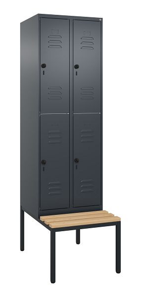 C+P Doppelstöckiger Spind Classic PLUS, 2 Abteile, 2120x600x815mm, 7016/7016, Drehriegel, Buche-Sitzleisten, mit untergebauter Sitzbank, 0803507-20 S10012