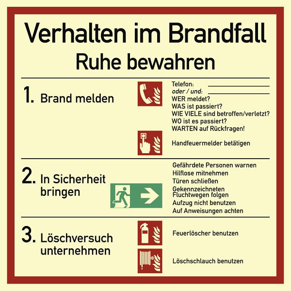 Moedel Verhalten im Brandfall ISO 7010, Kunststoff, langnachleuchtend, 180x180 mm, 57290