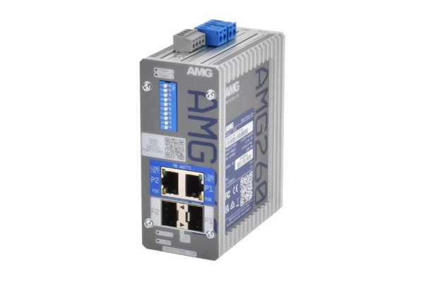 AMG Systems PoE Medienkonverter, 2 x 10/100/1000BT RJ45 mit 60/90W PoE, 2 x 100/1000Base-FX SFP Slot, DIN Rail / Wandmontage, AMG260-2GBT-2S-P180